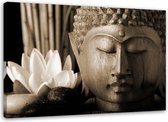 Trend24 - Canvas Schilderij - Hoofd Van Boeddha Met Een Lelie - Schilderijen - Oosters - 120x80x2 cm - Beige