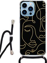 iPhone 13 Pro hoesje met koord - Abstract faces | Apple iPhone 13 Pro crossbody case | Zwart, Transparant | Geometrisch patroon