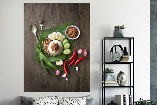 Stickers Stickers muraux - Vue de dessus de la nourriture nasi lemak de la cuisine malaisienne - 120x160 cm - Feuille adhésive XXL