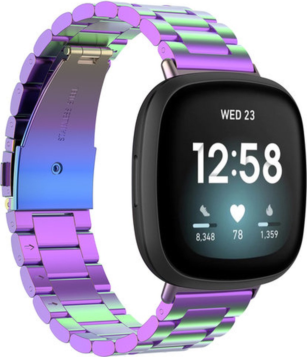 Strap-it Stalen schakel bandje - geschikt voor Fitbit Versa 3 / Fitbit Sense - regenboog
