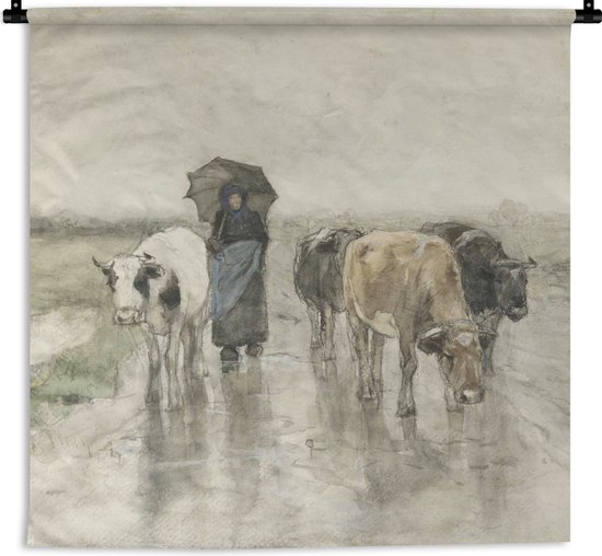 Wandkleed - Wanddoek - Een boerin met koeien op een landweg in de regen - Schilderij van Anton Mauve - 60x60 cm - Wandtapijt