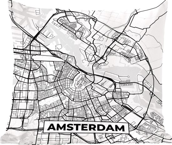 Sierkussen - Kaart Amsterdam - Zwart En Wit - 60 Cm X 60 Cm