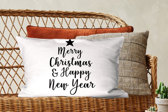 Sierkussens - Kussentjes Woonkamer - 60x40 cm - Kerst quote "Merry Christmas & Happy New Year" tegen een witte achtergrond - Kerstversiering - Kerstdecoratie voor binnen - Woonkamer