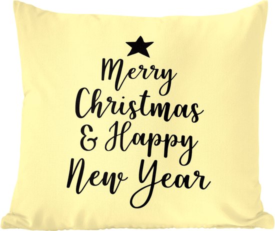 Sierkussens - Kussentjes Woonkamer - 40x40 cm - Kerst quote "Merry Christmas & Happy New Year" op een gele achtergrond - Kerstversiering - Kerstdecoratie voor binnen - Woonkamer
