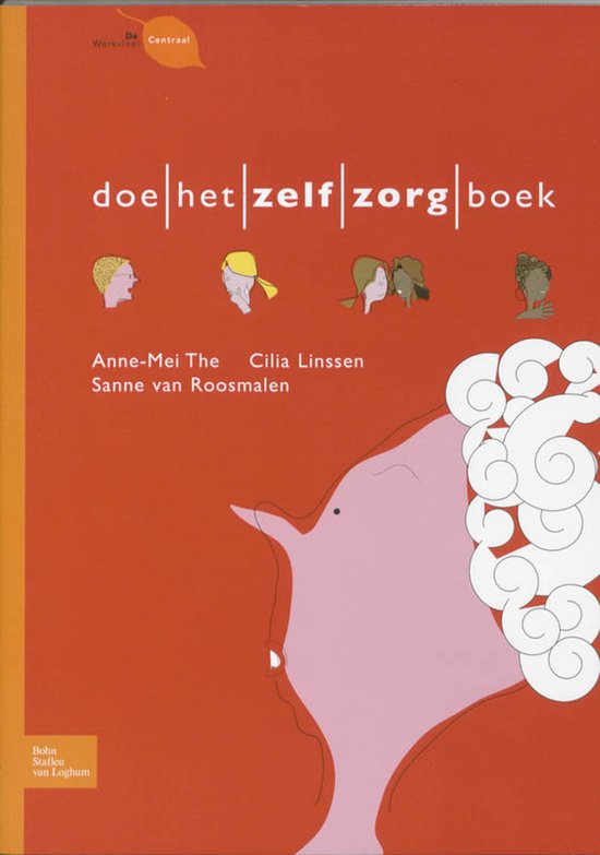Boekomslag met titel 'doe | het | zelf | zorg | boek', illustraties van vier hoofden en een roze figuur.