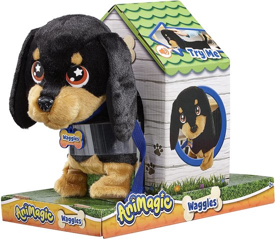 Animagic Waggles Knuffel Hond - Zwart - Interactieve Knuffel - Wandel en communiceer met Waggles