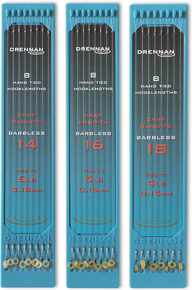 Drennan Onderlijnen Carp Bandits Barbless (8 pcs) - Maat : 15cm - haak 18 - 0.15mm