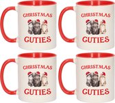 Set van 4x stuks cadeau kerstmokken rood Christmas cuties met kittens - 300 ml - keramiek - Kerstmis - kattenliefhebbers