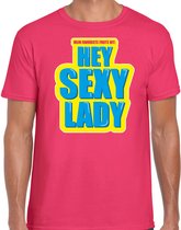 Foute party Hey sexy lady verkleed/ carnaval t-shirt roze heren - Foute hits - Foute party outfit/ kleding L