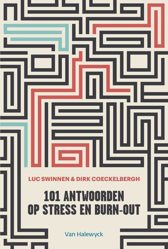 Boek '101 antwoorden op stress en burn-out' met een abstract labyrintontwerp in rood, zwart en lichtblauw.
