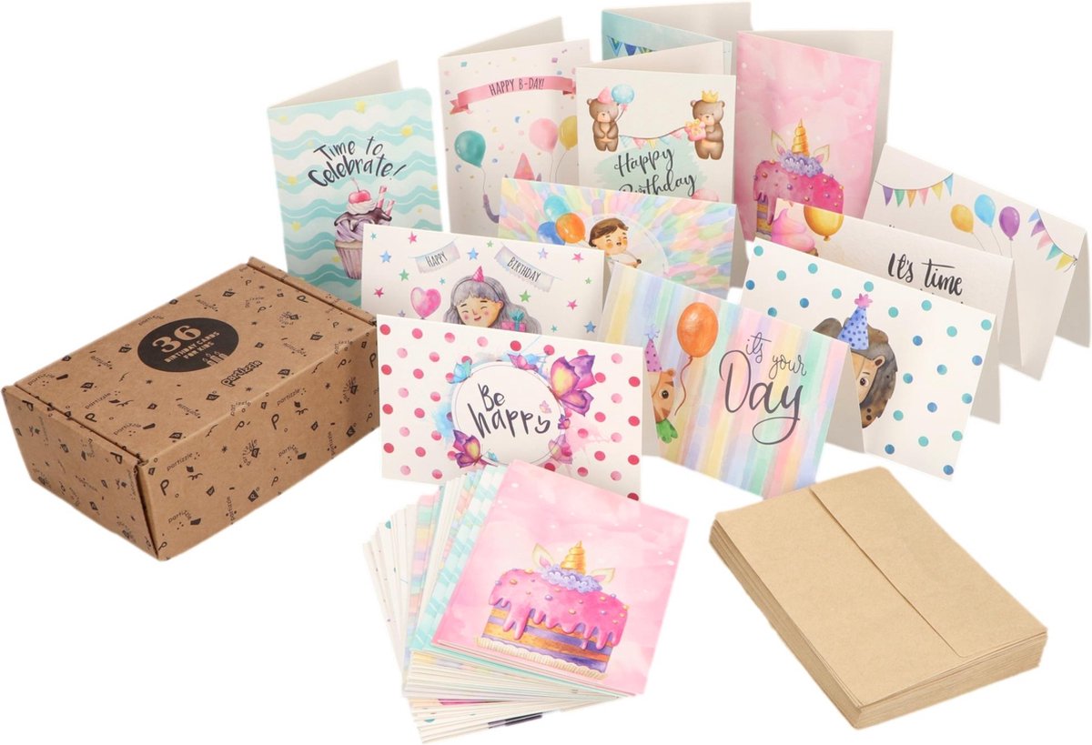 Partizzle 36x Leuke Verjaardagskaarten met Envelop Set - Wenskaarten
