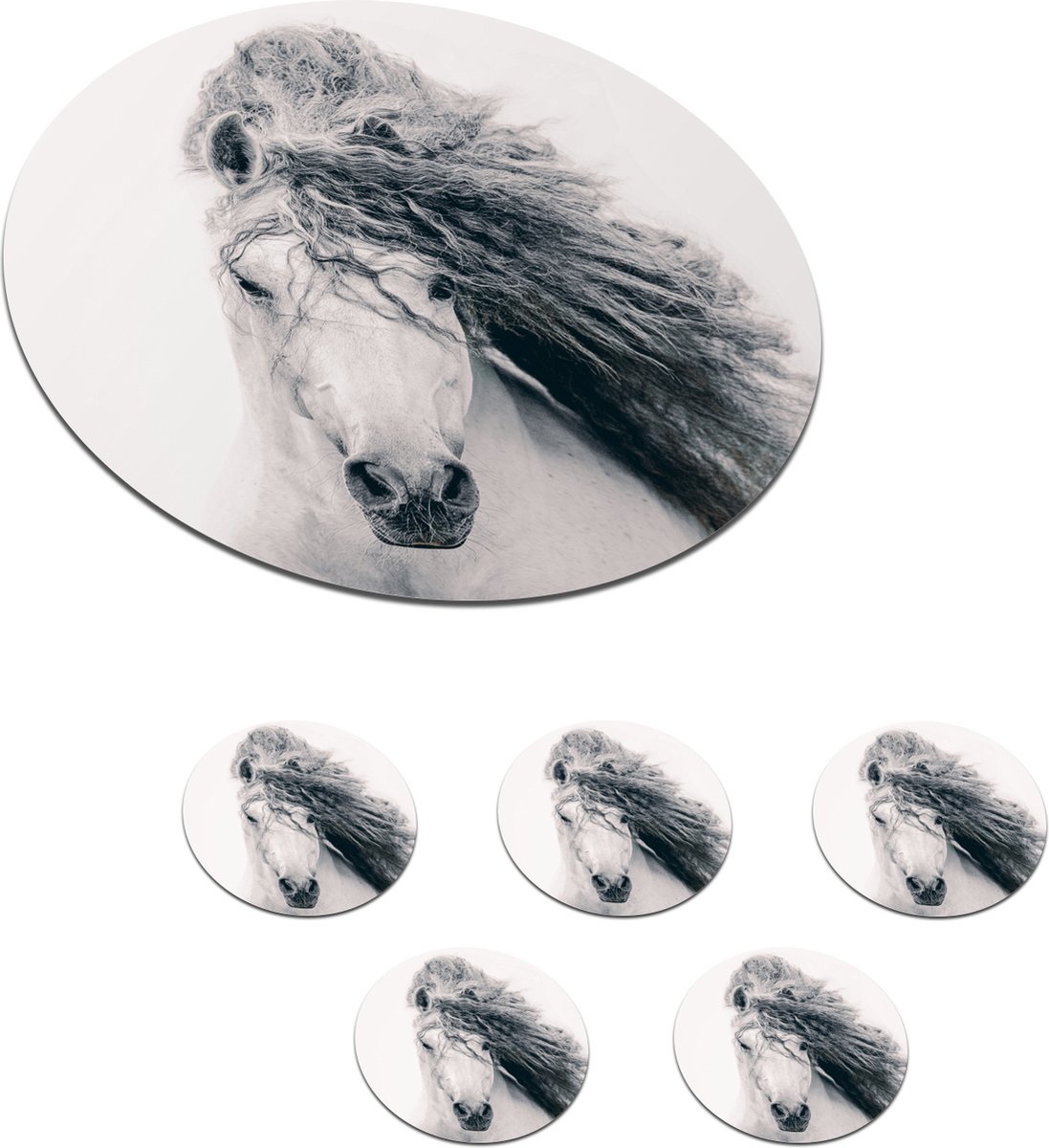 Onderzetters voor glazen - Rond - Paard - Wit - Haar - 10x10 cm - Glasonderzetters - 6 stuks