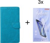 Bookcase Geschikt voor: Motorola Moto G9 Power - Turquoise - portemonnee hoesje met 3 stuk Glas Screen protector