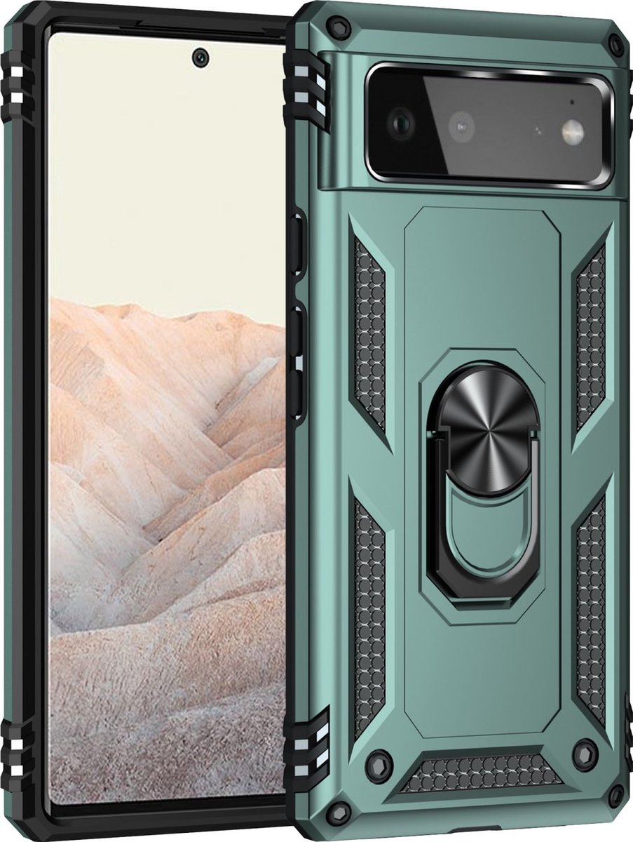 Mobigear Hoesje geschikt voor Google Pixel 6 Telefoonhoesje Hardcase | Mobigear Armor Ring Backcover Shockproof met Ringhouder | Schokbestendig Pixel 6 Telefoonhoesje | Anti Shock Proof - Groen