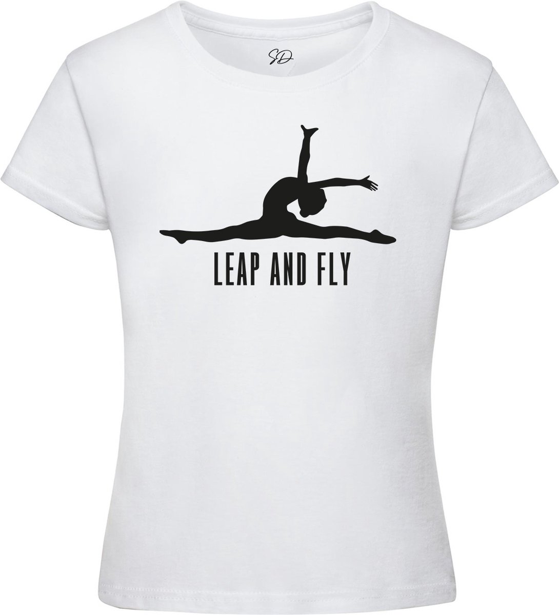 Sparkle&Dream - T-Shirt 'Leap and Fly' Wit - Maat 140 - Voor Turnen en Gymnastiek