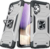 Samsung Galaxy A32 4G Hoesje Heavy Duty Armor Hoesje Zilver - Galaxy A32 4G Case Kickstand Ring cover met Magnetisch Auto Mount- Samsung A32 4G screenprotector 2 pack