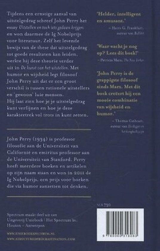 Boekrug met tekst over John Perry en zijn essay 'De kunst van het uitstellen'.
