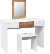 Kaptafel Make-up tafel in MDF met kruk,Cosmetische tafel 100x47,5x72cm met spiegel opklapbare,Wit+Eiken