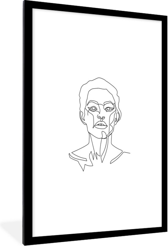 Photo dans le cadre - femme art illustration Line avec les cheveux courts sur un cadre photo fond blanc noir avec monture 60x90 60x90 cm - affiche dans le cadre (Décoration murale salon / chambre à coucher)