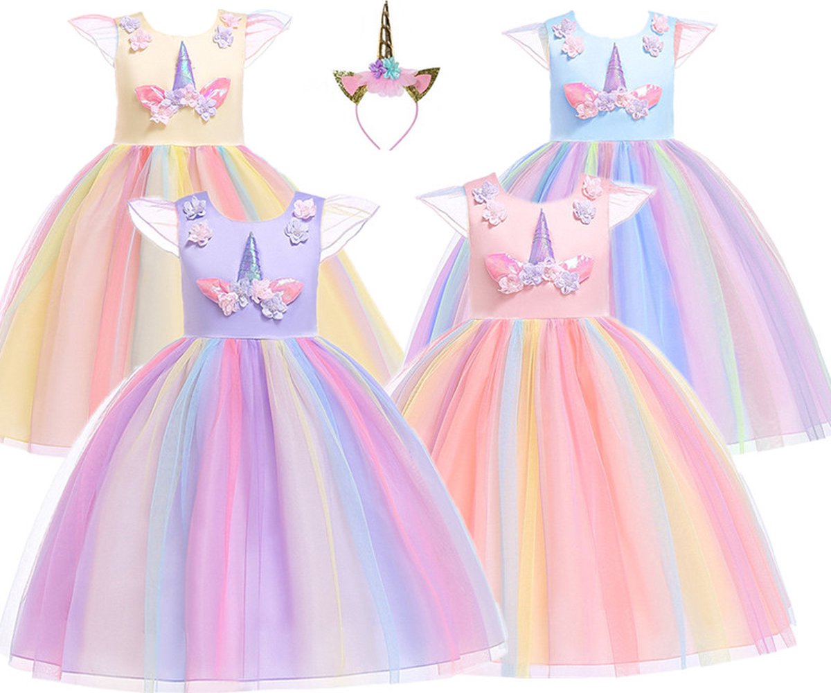 Joya Kids® Paarse Eenhoorn Verkleed Jurk Set | Unicorn Jurk kostuum | Prinsessen jurk verkleedjurk + Haarband | (120) | Cadeau meisje — afbeelding 10