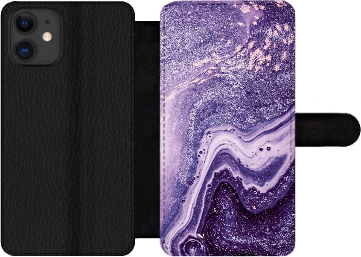 Telefoonhoesje Geschikt voor iPhone 12 Pro telefoonhoesje - Natuursteen - Glitter - Luxe - Met vakjes - Wallet case met magneetsluiting