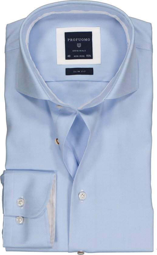 Profuomo slim fit overhemd - 2-ply twill - lichtblauw (contrast) - Strijkvrij - Boordmaat: 39