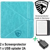 Origami Sleepcover Kobo Libra 2 Cover Turquoise + Protège-écran + Chargeur