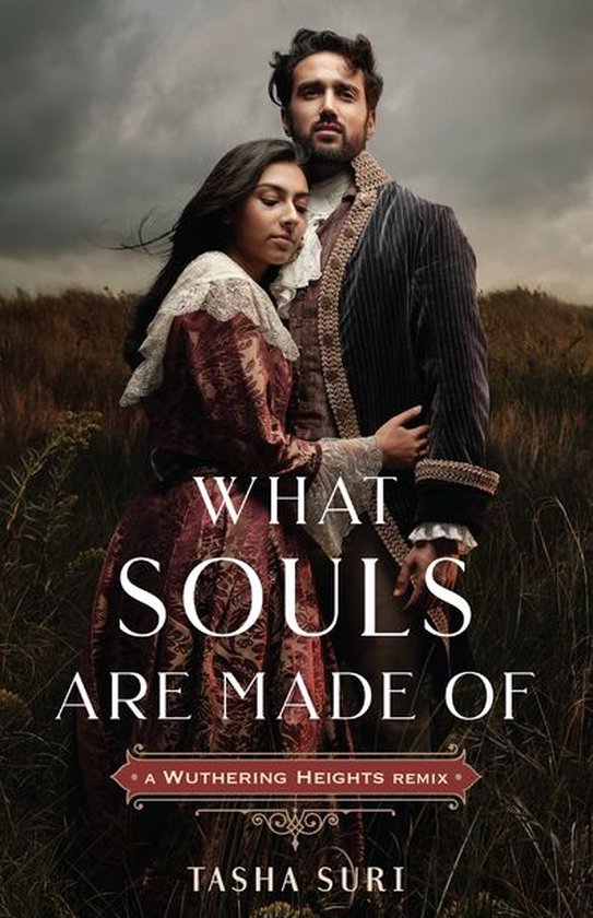 Een man en vrouw in historische kledij, omhelzen elkaar in een veld onder een bewolkte hemel. Titel: What Souls Are Made Of.
