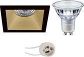 LED Spot Set - Pragmi Pollon Pro - GU10 Fitting - Inbouw Vierkant - Mat Zwart/Goud - Verdiept - 82mm - Philips - MASTER 927 36D VLE - 4.9W - Warm Wit 2200K-2700K - DimTone Dimbaar - BES LED