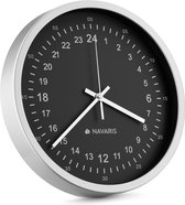 Navaris unieke 24-uurs analoge wandklok - Zilverkleurige en witte klok met soepel lopende wijzers - 24uur aanduiding en secondewijzer