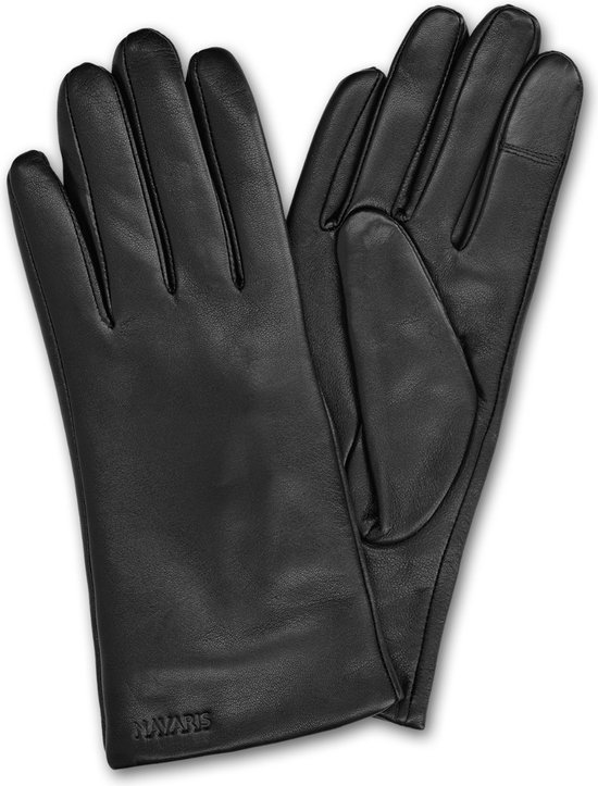 Navaris leren touchscreen handschoenen - 100% lederen handschoenen voor dames - Dameshandschoenen met zachte kasjmier wollen voering - Maat M - Zwart