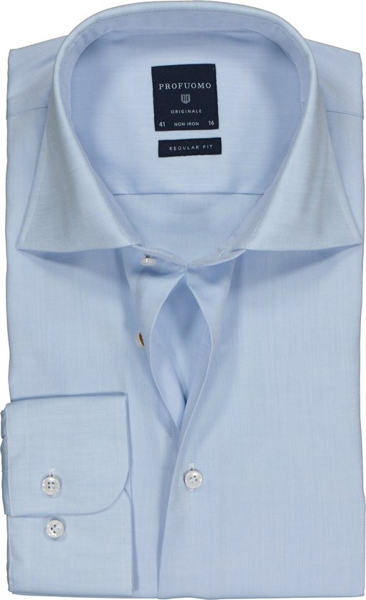 Profuomo Originale regular fit overhemd - fine twill - lichtblauw - Strijkvrij - Boordmaat: