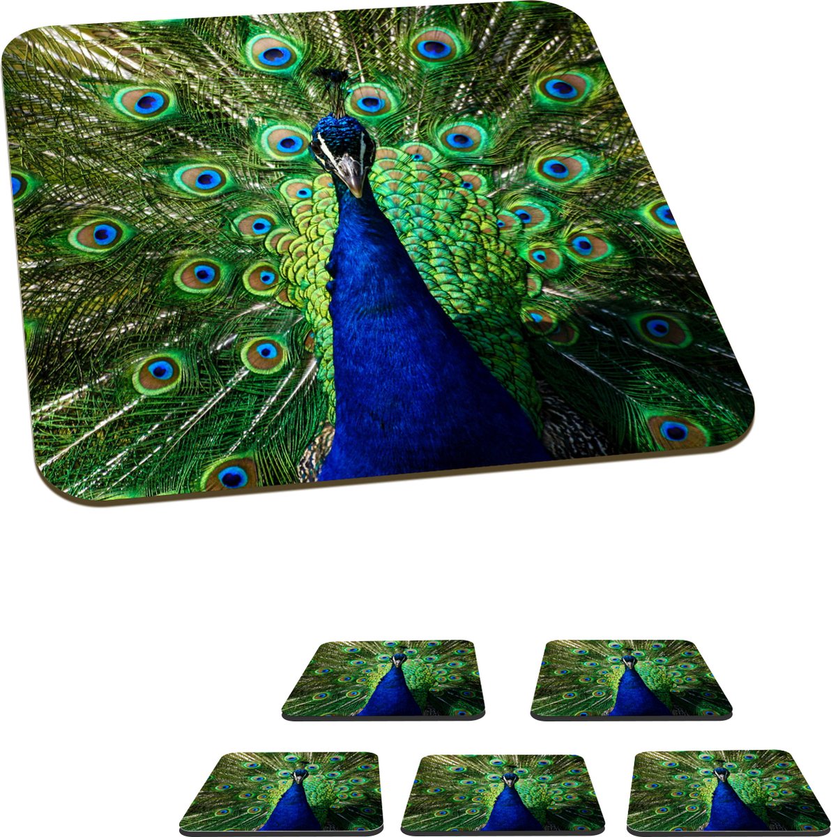 Onderzetters voor glazen - Pauw - Veren - Ogen - 10x10 cm - Glasonderzetters - 6 stuks