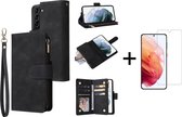 Luxe Telefoonhoesje voor Samsung Galaxy S22 | Hoogwaardig Leren Bookcase | Lederen Wallet Case | Luxe Uitstraling | Pasjeshouder 6 pasjes | Portemonnee | Rits | Zwart + 1x Screenpr