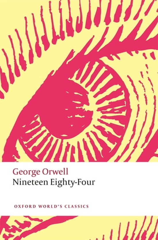 Couverture du livre 'Nineteen Eighty-Four' de George Orwell, fond jaune avec une image d'œil stylisée rouge.