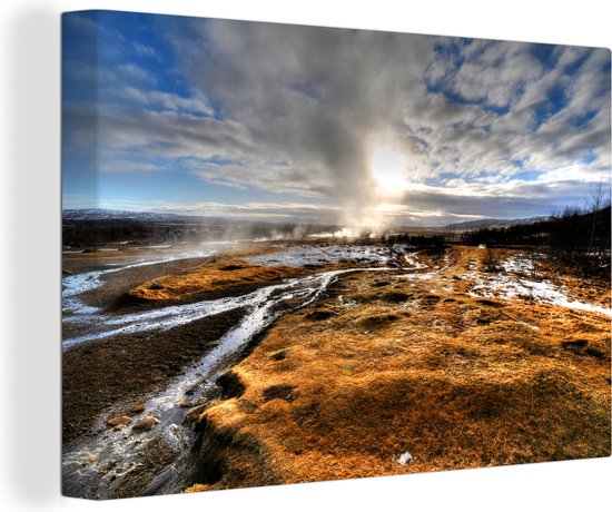 Canvas - Landschap - Water - Gras - IJsland - Wanddecoratie - 90x60 cm - Canvasdoek - Canvas schilderij