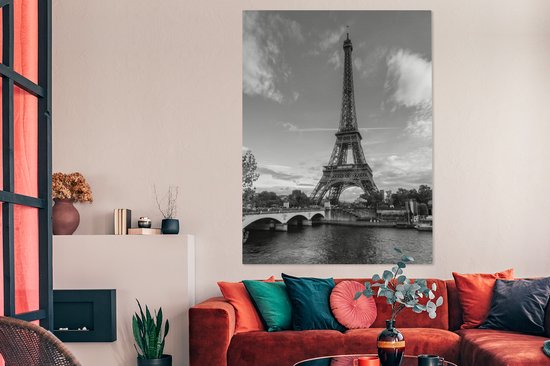 Toile Peinture Tour Eiffel vue de la Seine - noir et blanc - 120x160 cm - Décoration murale XXL