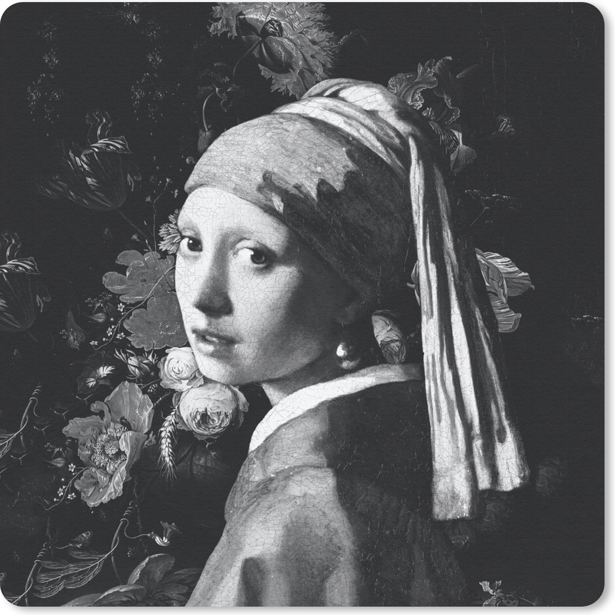 Muismat 30x30 cm - Mousepad Het meisje met de parel - Johannes Vermeer - Zwart - Wit - Muismatten