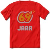 69 Jaar Feest T-Shirt | Goud - Zilver | Grappig Verjaardag Cadeau Shirt | Dames - Heren - Unisex | Tshirt Kleding Kado | - Rood - 3XL