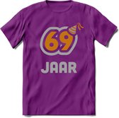 69 Jaar Feest T-Shirt | Goud - Zilver | Grappig Verjaardag Cadeau Shirt | Dames - Heren - Unisex | Tshirt Kleding Kado | - Paars - M
