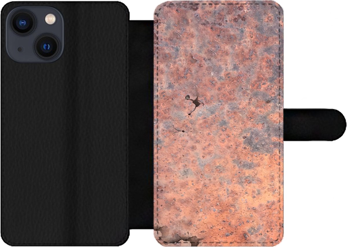Telefoonhoesje Geschikt voor iPhone 13 Mini telefoonhoesje - Metaal - Roest print - Corrosie - Met vakjes - Wallet case met magneetsluiting