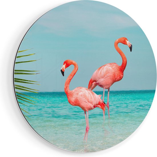Artaza Dibond Muurcirkel Twee Flamingo's in het Water - Ø 60 cm - Wandcirkel - Rond Schilderij - Voor Binnen en Buiten