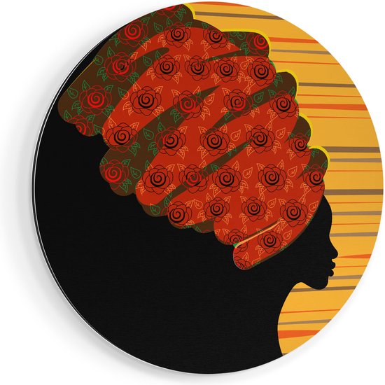 Artaza Dibond Muurcirkel - Afrikaanse Vrouw Met Bloemen Tulband - Abstract - Ø 90 cm - Groot - Wandcirkel - Rond Schilderij - Voor Binnen en Buiten