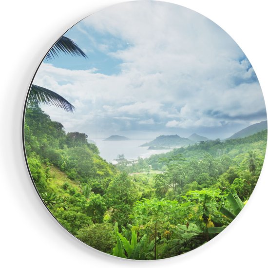 Artaza Dibond Muurcirkel Jungle Uitzicht Op De Seychellen - Ø 90 cm - Groot - Wandcirkel - Rond Schilderij - Voor Binnen en Buiten