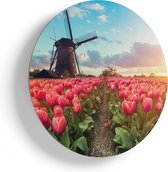 Artaza Houten Muurcirkel - Roze Tulpen Bloemenveld - Met Windmolen - Ø 65 cm - Multiplex Wandcirkel - Rond Schilderij