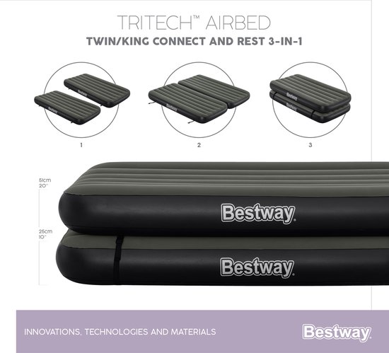 Illustratie van drie manieren om Bestway luchtbedden te gebruiken: twee apart, twee gekoppeld, of twee gestapeld. Afmetingen 51cm en 25cm getoond.
