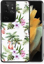 Doorzichtig Hoesje Geschikt voor Samsung Galaxy S21 Ultra GSM Hoesje met Zwarte rand Flamingo Palms
