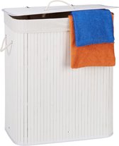 Relaxdays 1x wasmand 2 vakken - bamboe wasbox wit - 95 liter - opvouwbaar - met deksel