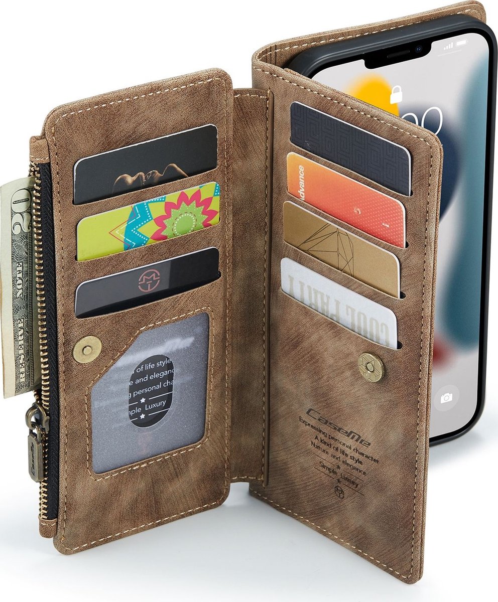 CaseMe voor iPhone SE & 5s & 5 multifunctionele lederen Billfold met afneembare magnetische PC beschermende hoes & 13 Card Slots & 1 foto Frames & 1 rits portemonnee & 2 magnetische slotjes & Holder(Brown)