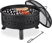 Relaxdays vuurschaal met barbecue - vonkenscherm - vuurpot - 60 cm - met patroon - zwart